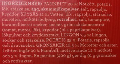 Findus Dagens Pannbiff med löksky - Ingredienser