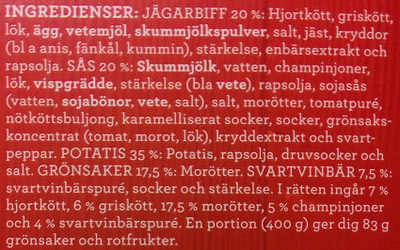 Findus Dagens Jägarbiff - Ingredienser