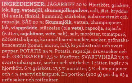 Findus Dagens Jägarbiff - Ingredienser