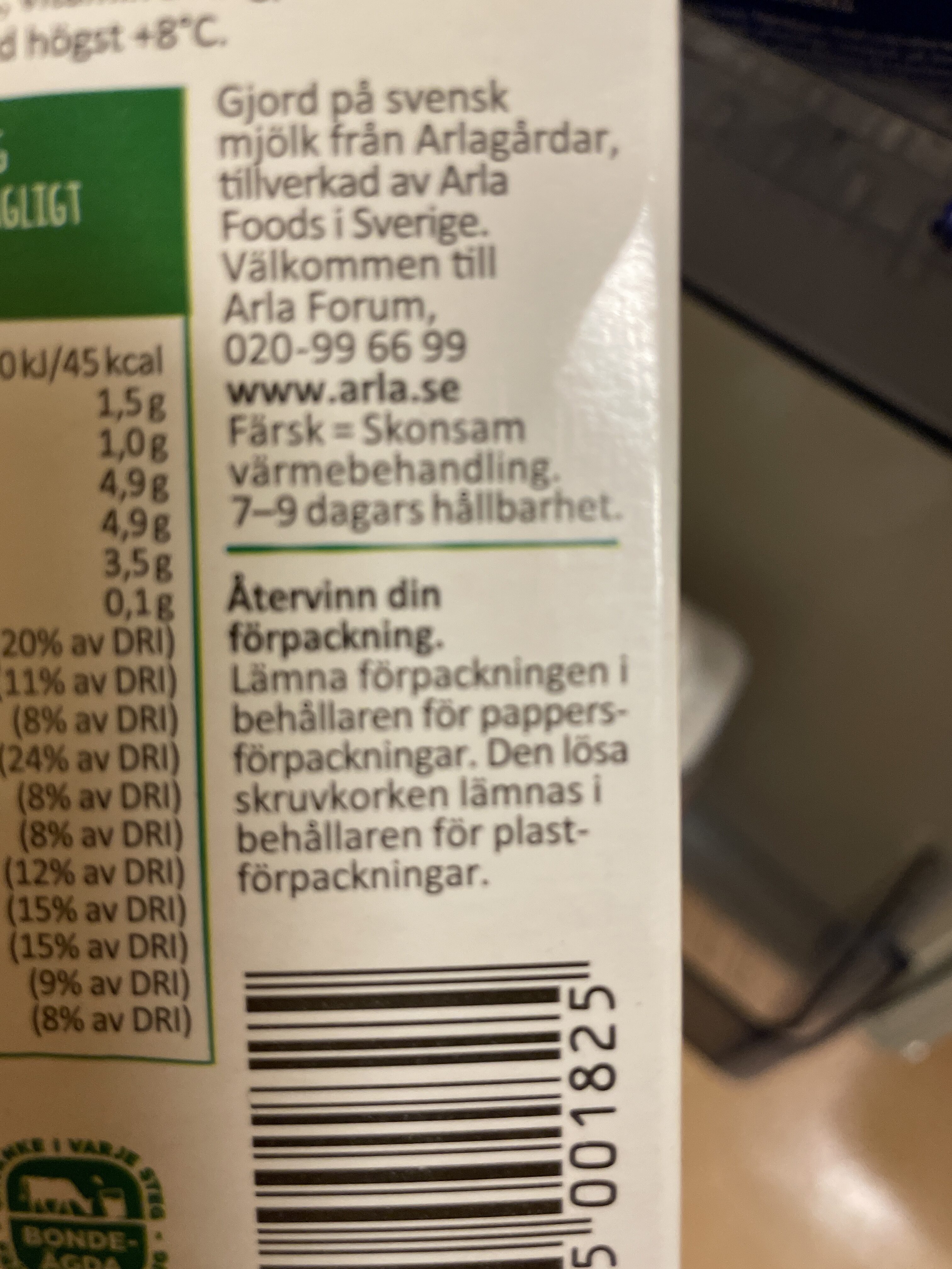 Arla Ko Mellanmjölk - Recycling instructions and/or packaging information