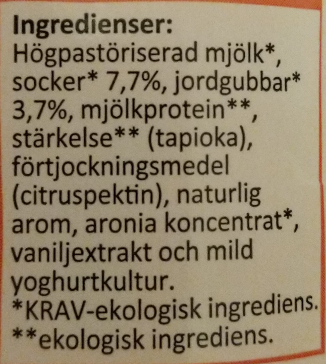 Eko Mild Yoghurt Jordgubb & Vanilj 1.8% Fett - Ingredienser