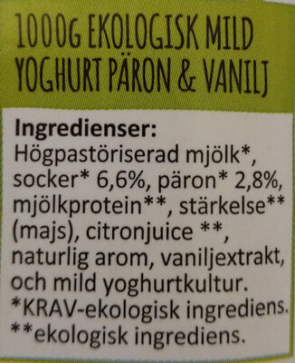 Eko Mild Yoghurt Päron & Vanilj 1.9% Fett - Ingredienser - sv