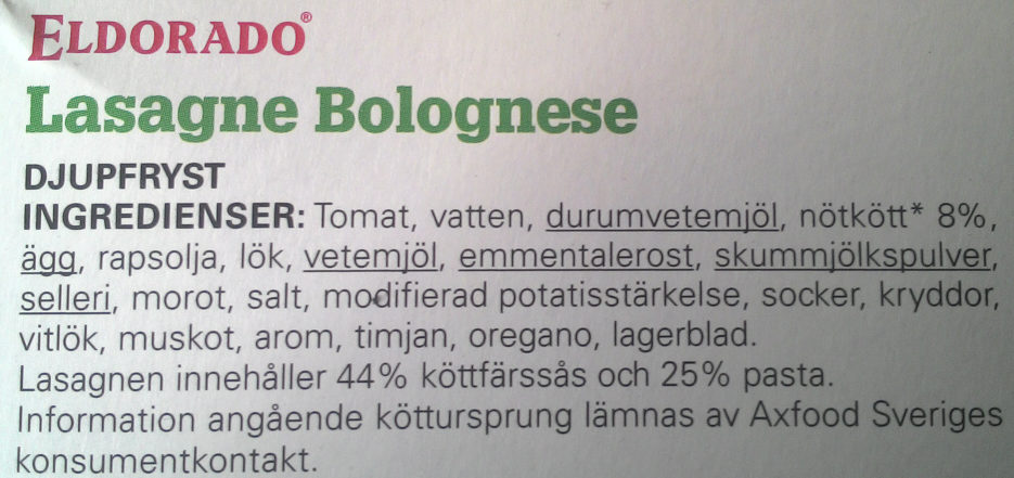 Eldorado Lasagne Bolognese - Ingredienser