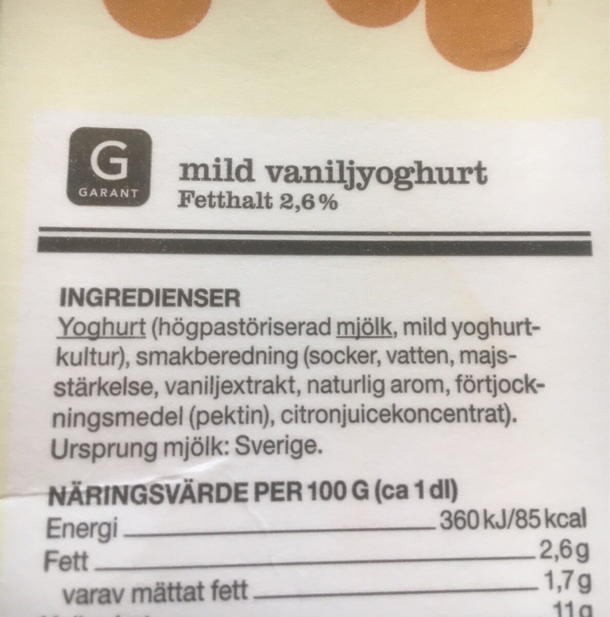 Vanilj Yoghurt - Ingredienser - fr