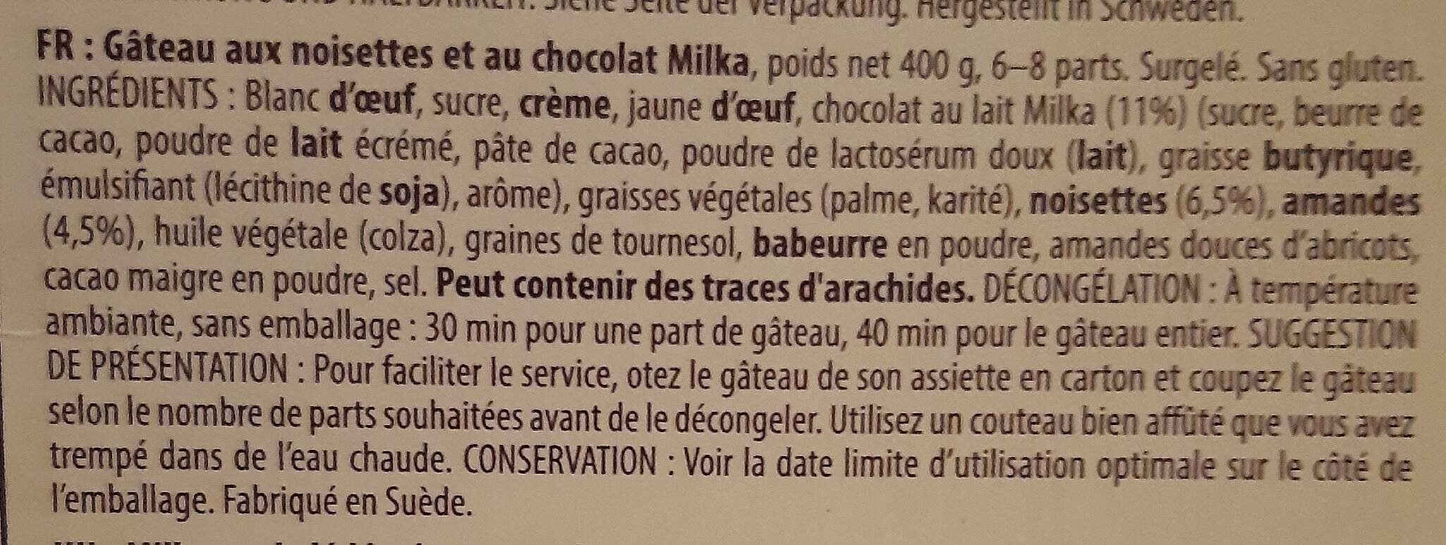 Milka Schokoladen & Haselnuss torte - Nährwertangaben