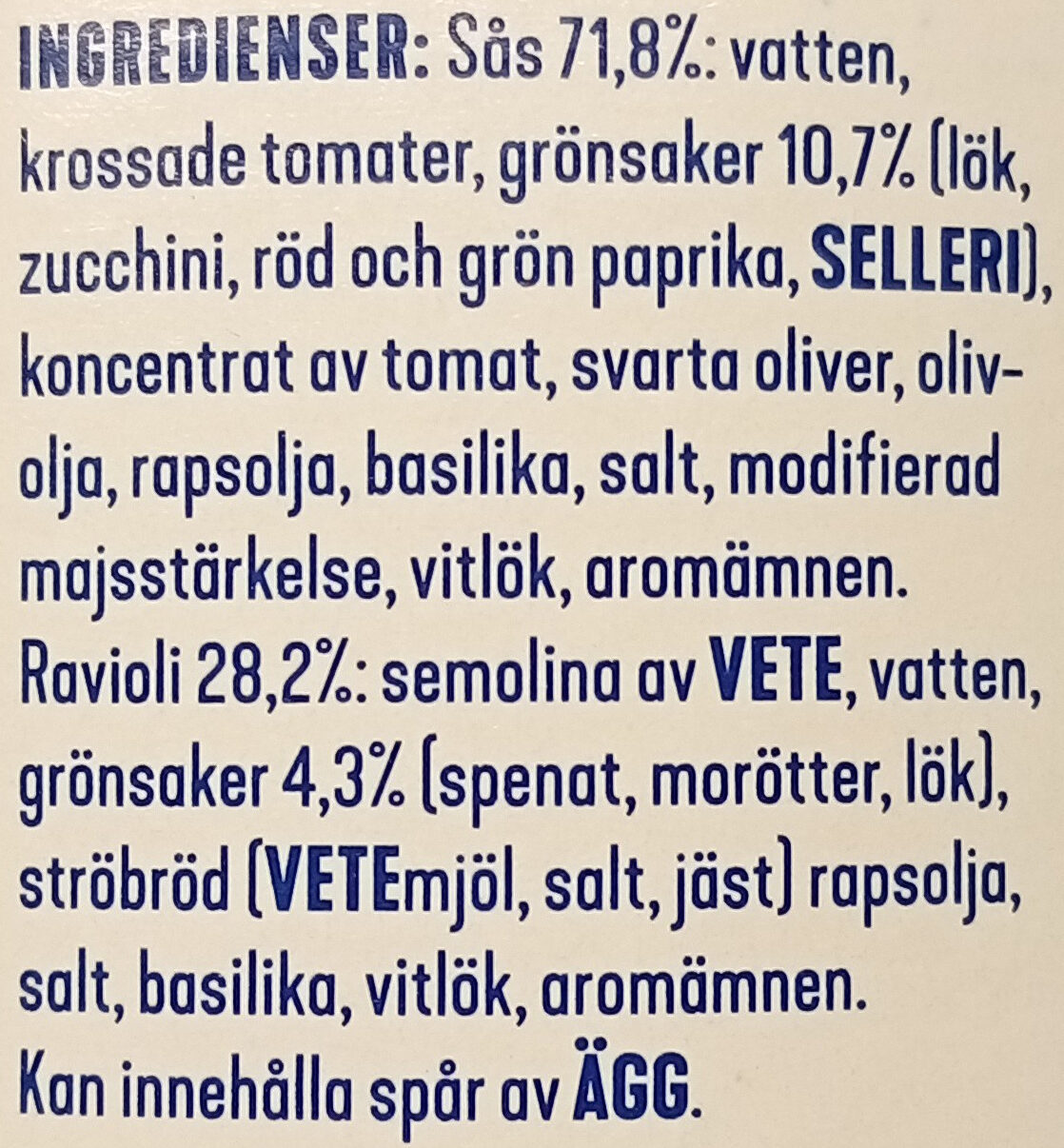 Fontana Klassisk Ravioli Vegetarisk - Ingrédients - sv