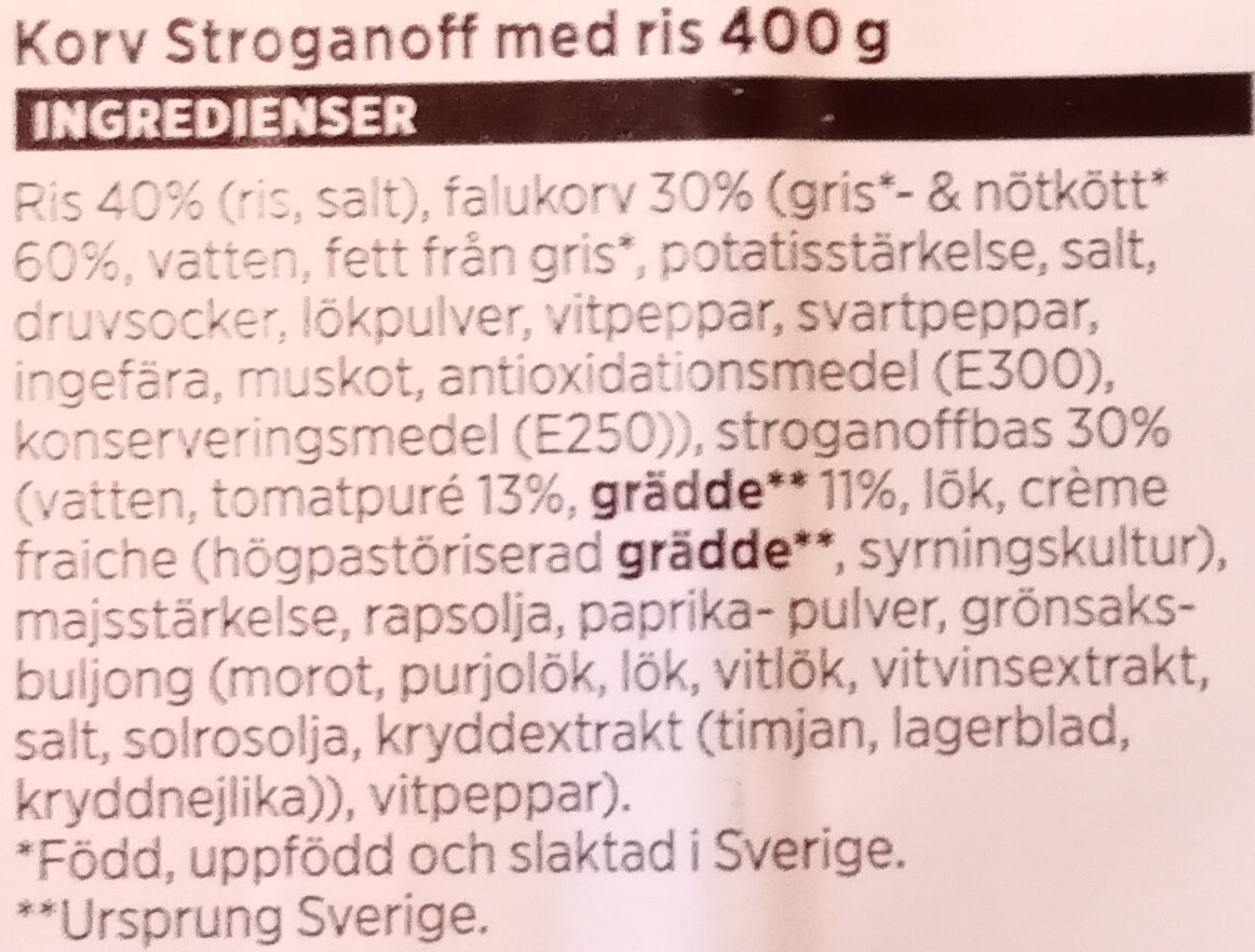 ICA Korv Stroganoff - Ingredienser