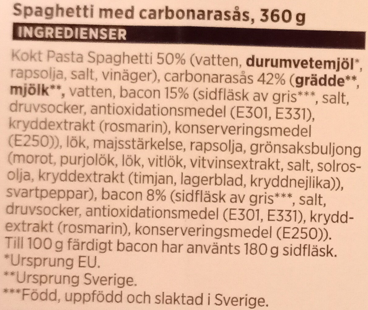 ICA Spaghetti Carbonara - Ingredienser