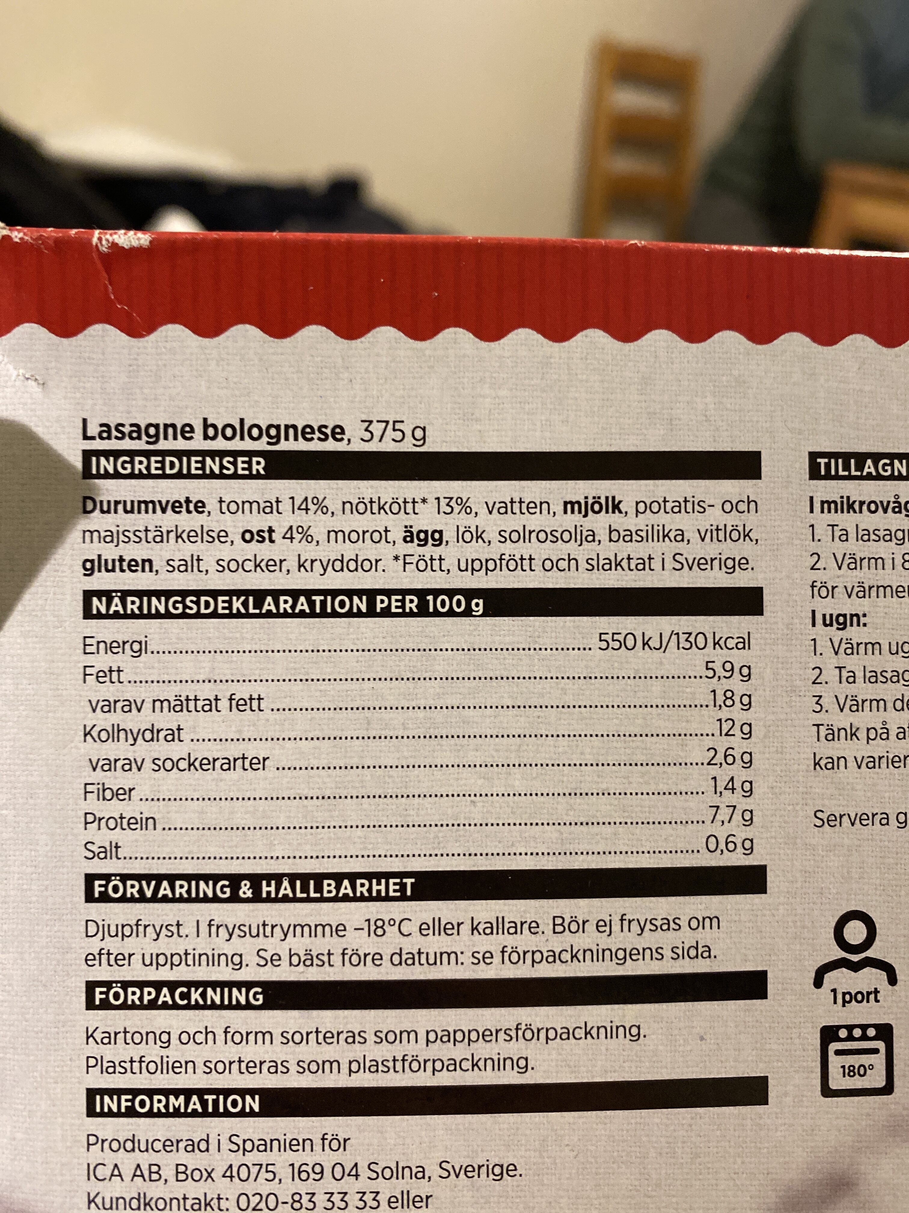 Lasagne Bolognese - Näringsfakta