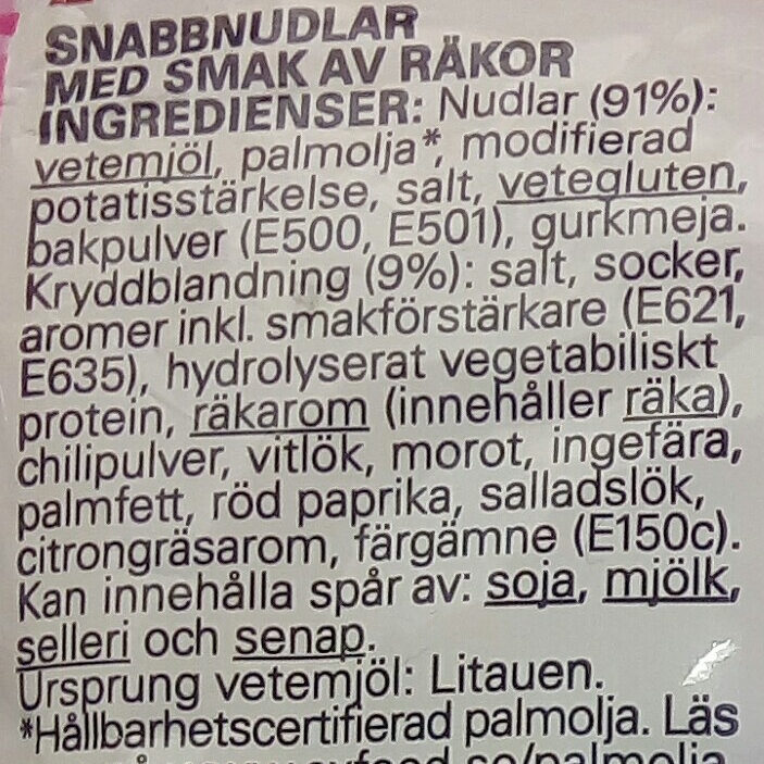 Eldorado Snabbnudlar med smak av räkor - Ingredienser