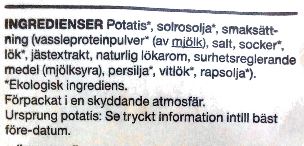 Ekologiska potatis-chips gräddfil & lök - Ingredienser