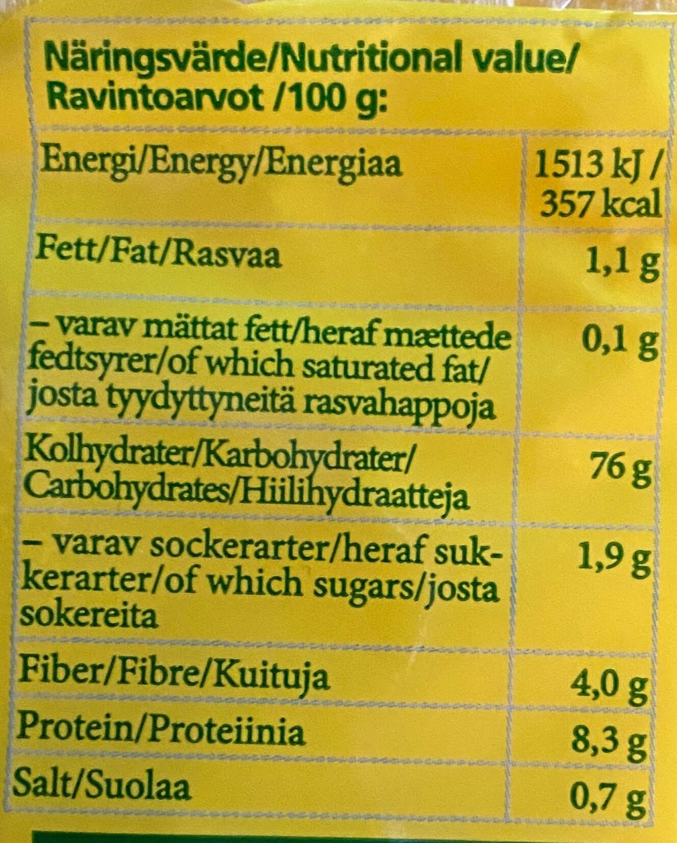 spröda majsbröd - Tableau nutritionnel - en