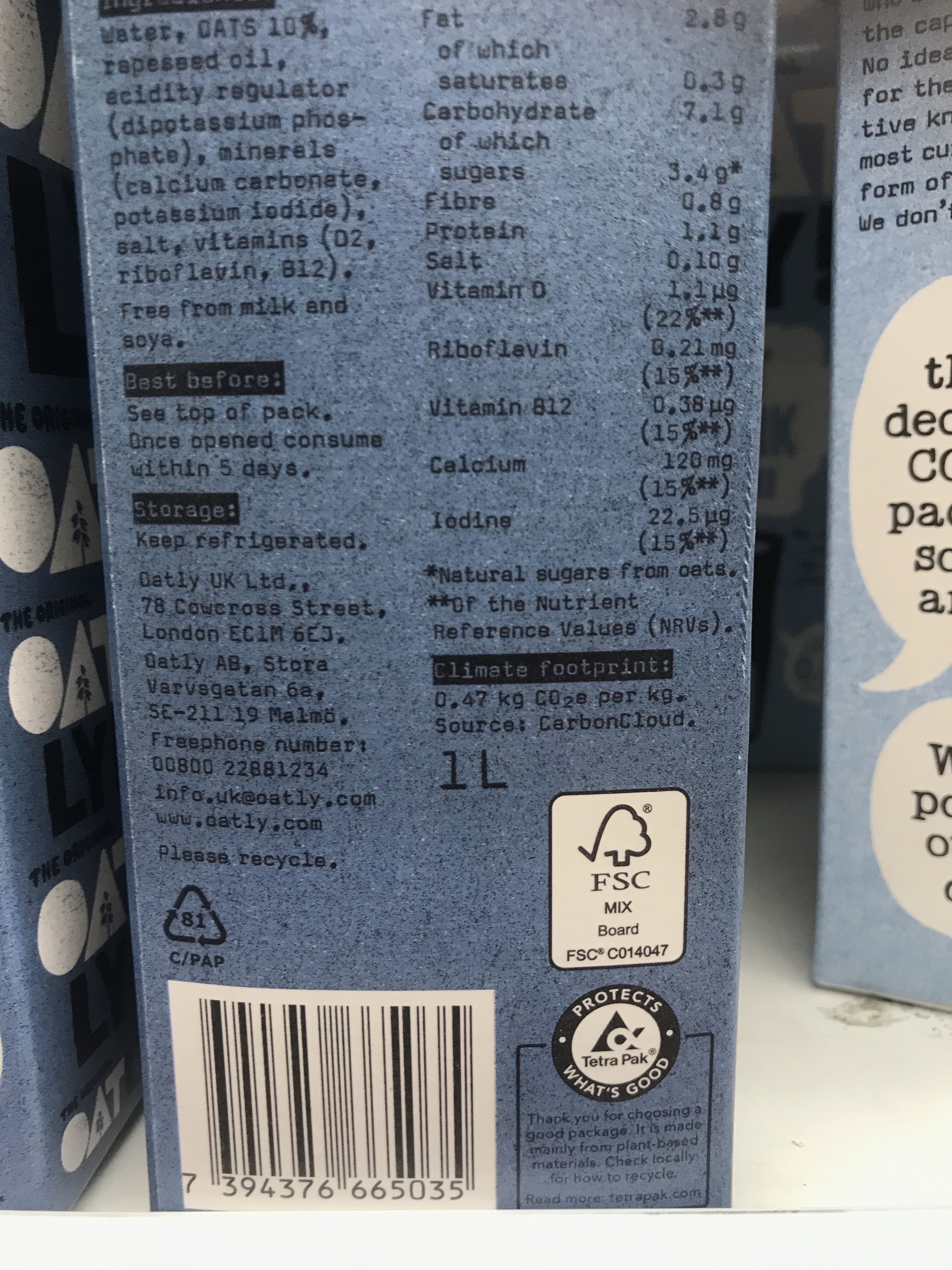 Oatly drink whole fridge version - Recycling instructions and/or packaging information