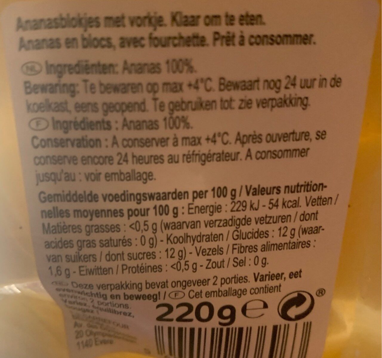 Ananas - Tableau nutritionnel