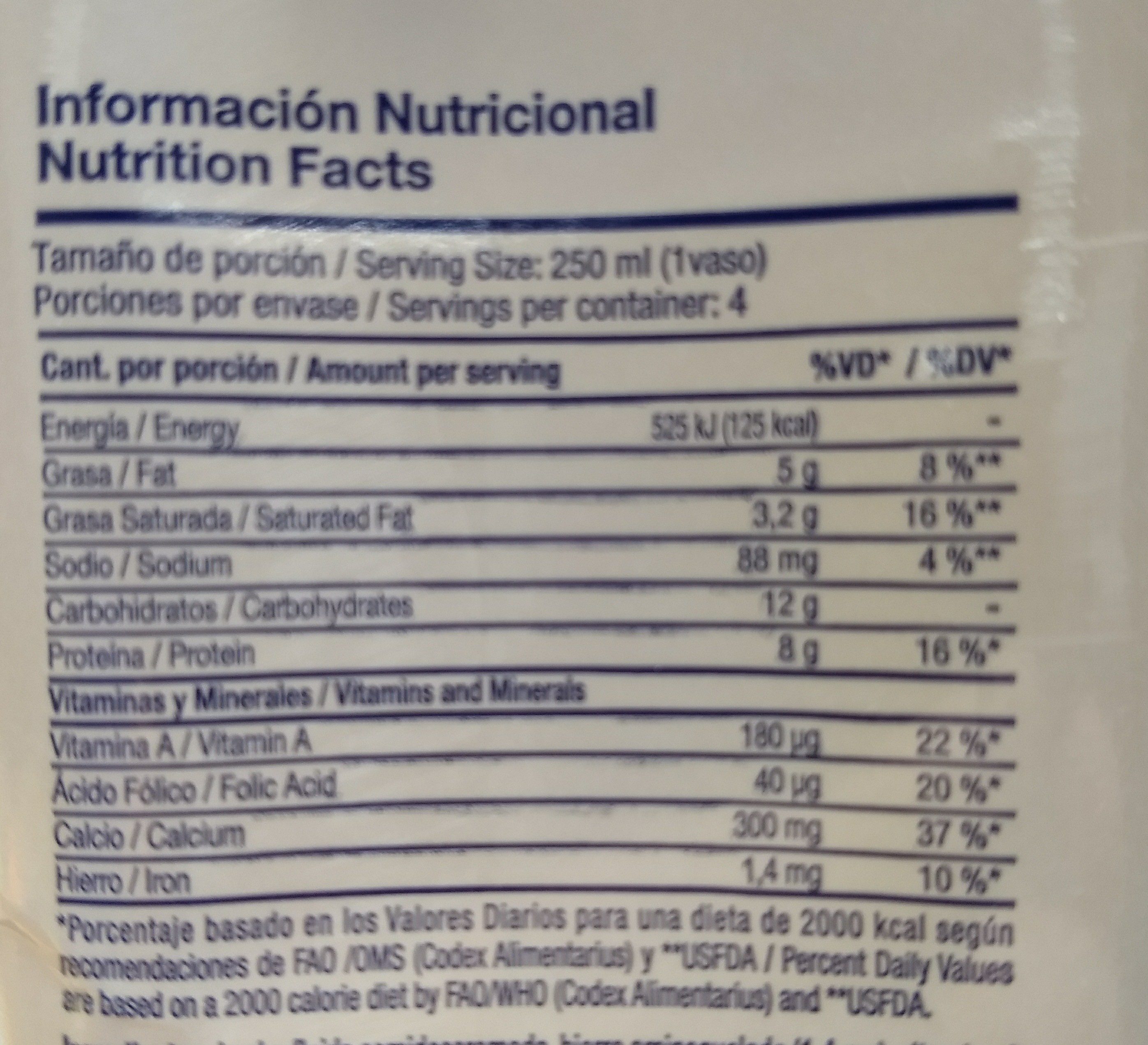Leche Dos Pinos Semidescremada - Nutrition facts