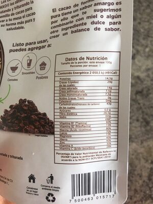 Cacao nibs - Informació nutricional - es