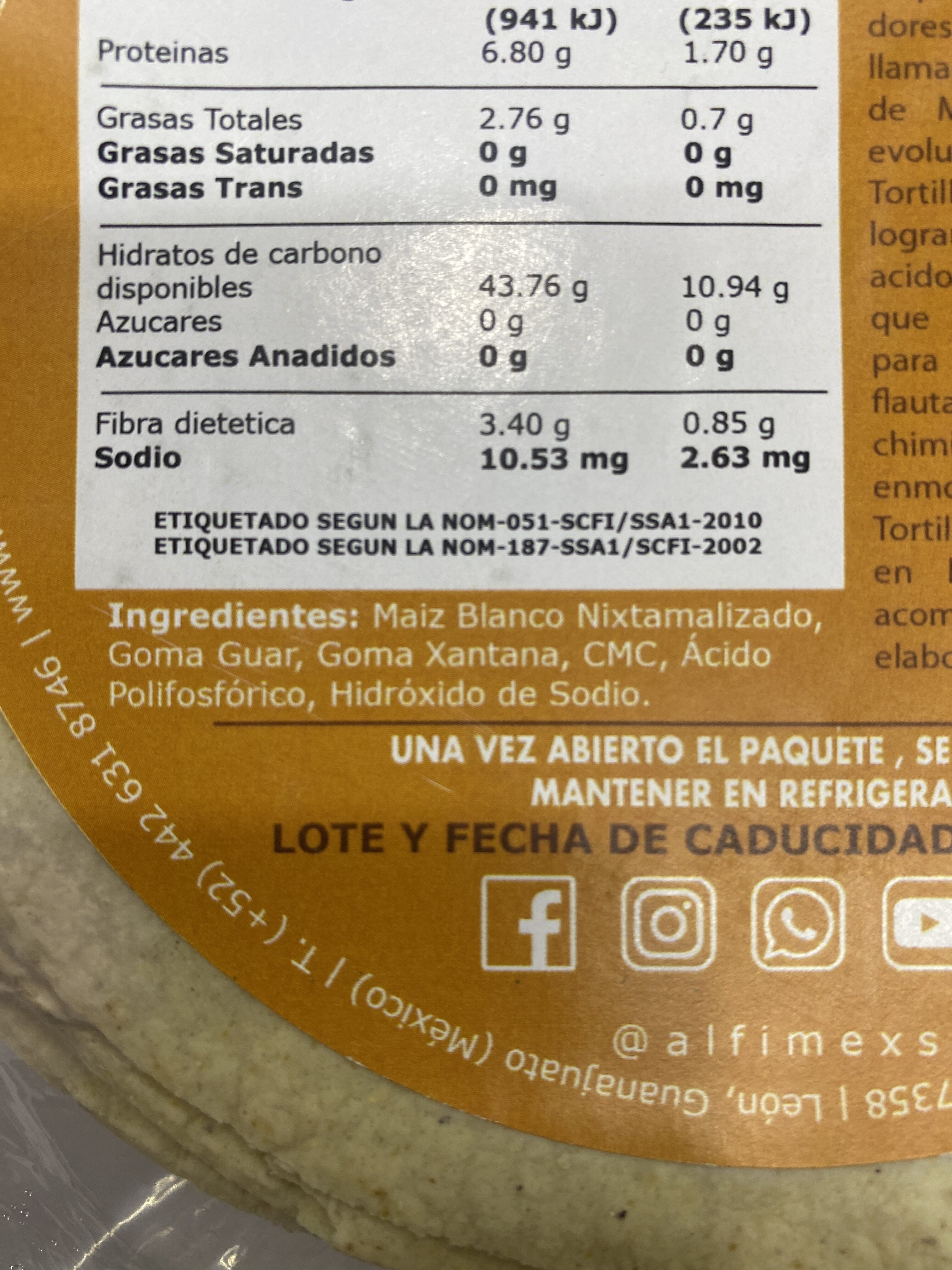 Tortillas de maíz natural - Ingredientes
