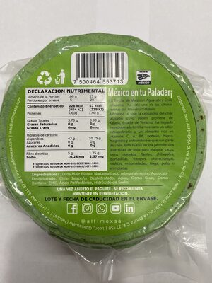 Tortilla de Maíz Nixtamalizado con Nopal y Linaza - Maestro Tortillero - ALFIMEXSA S. DE R.L. DE C.V. - 500g - Recycling instructions and/or packaging information - es