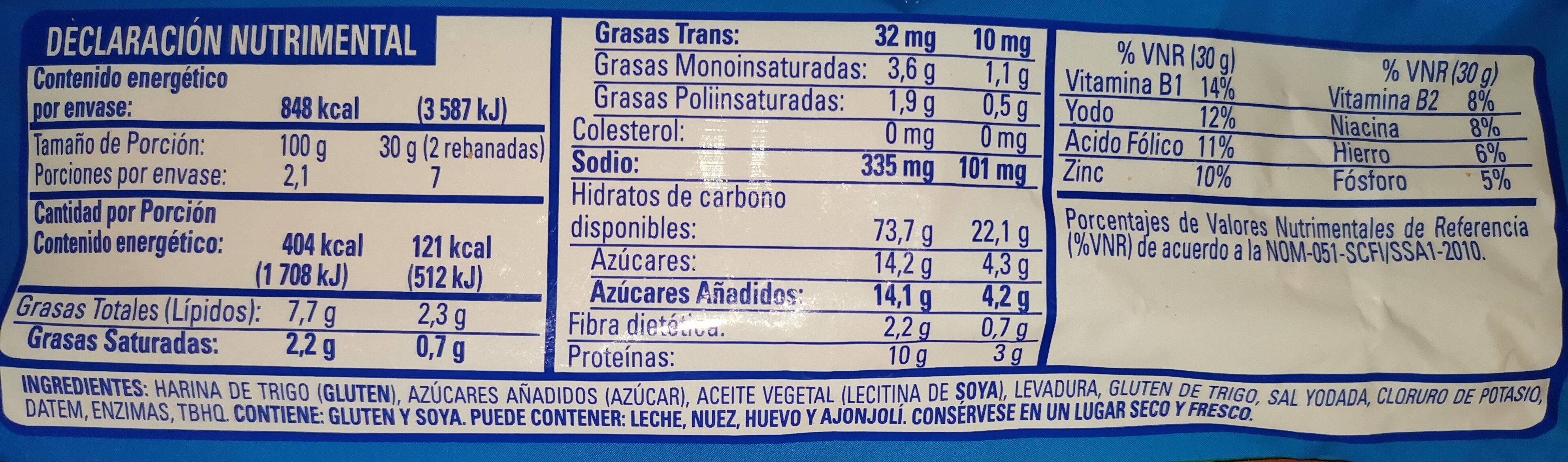 Pan Tostado Clásico - Información nutricional