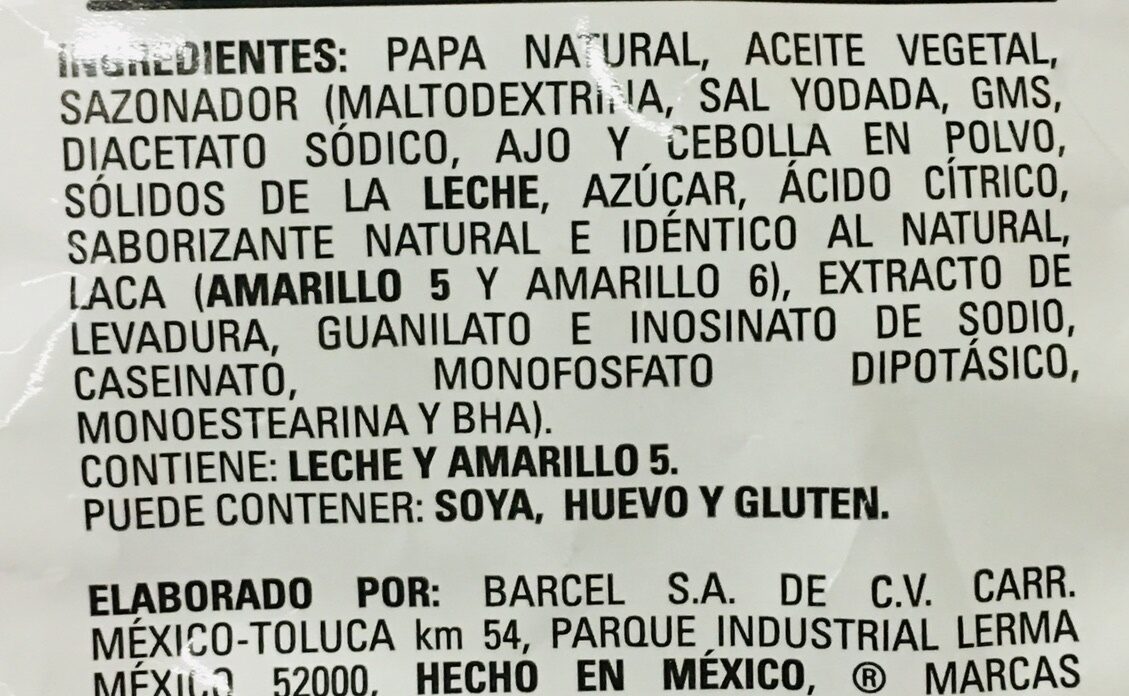 Chips Jalapeno Barcel 170GR. - Ingredientes