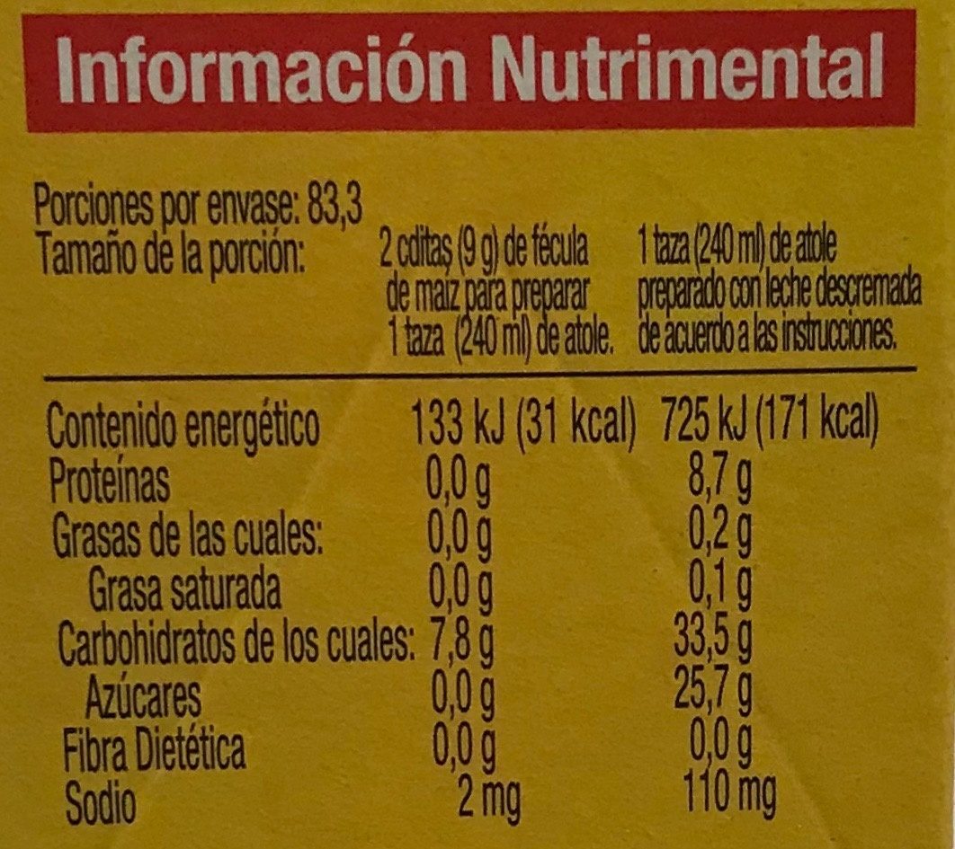 Fécula de maíz - Información nutricional