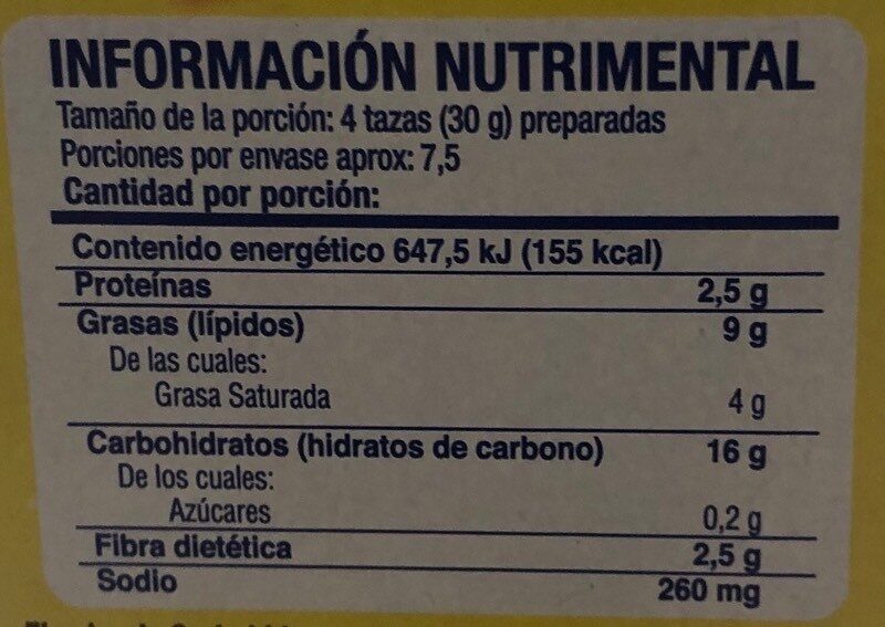 Palomitas para microondas sabor extra mantequilla - Información nutricional