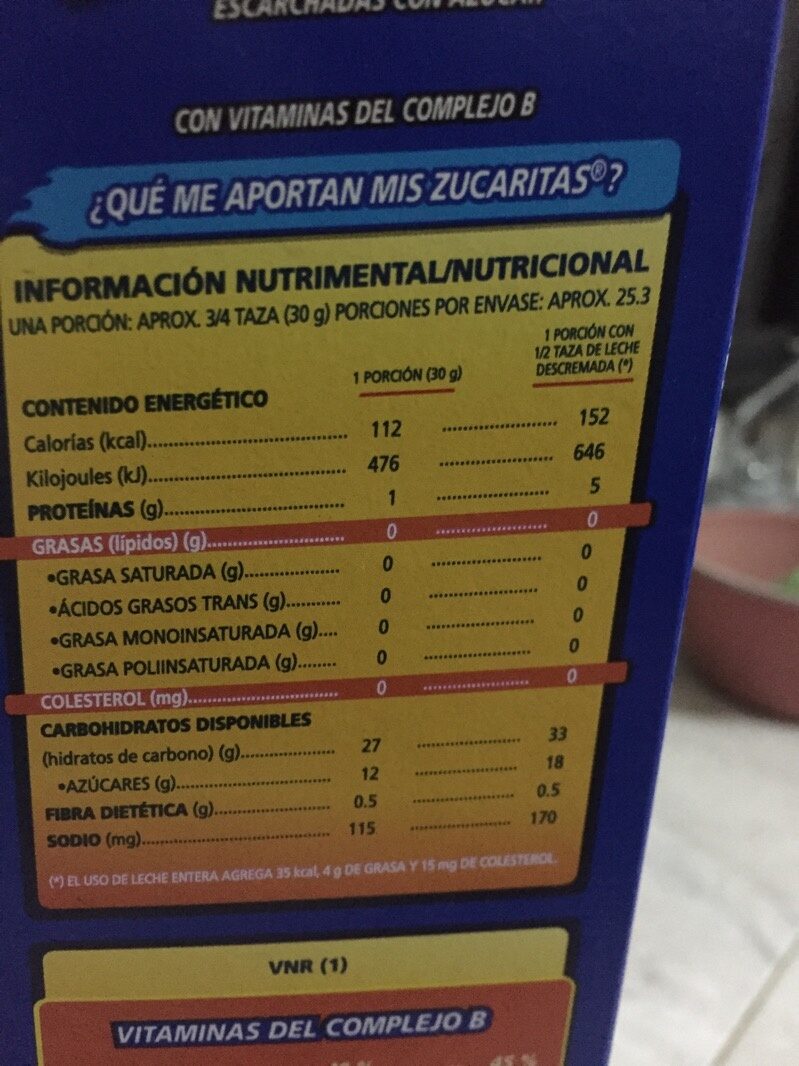 Zucaritas - Información nutricional