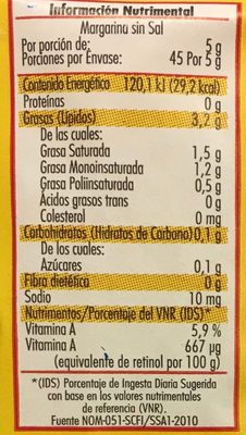 Margarina sin sal Aurrera - Información nutricional - en