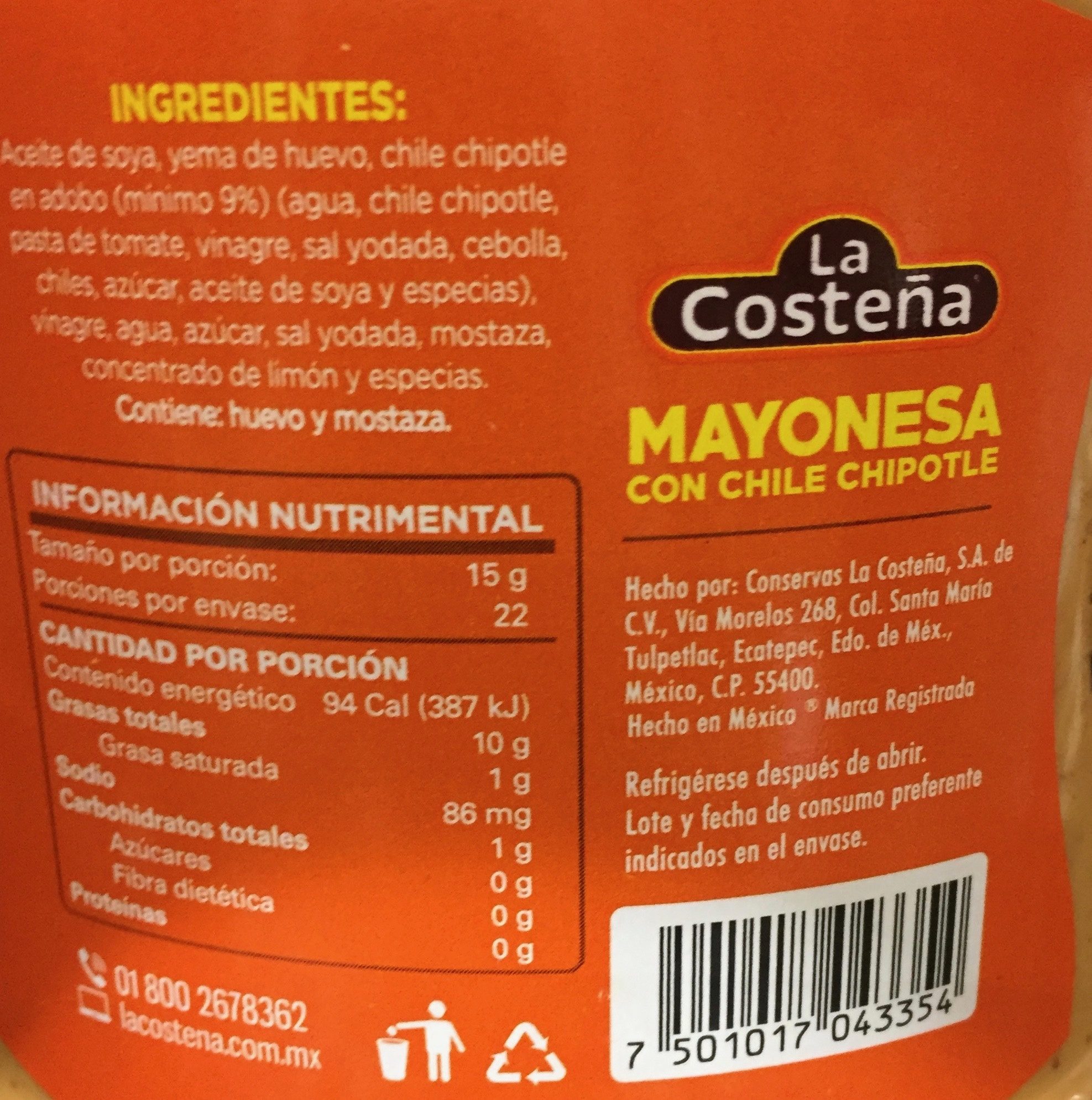 Mayonesa con chile chipotle - Información nutricional