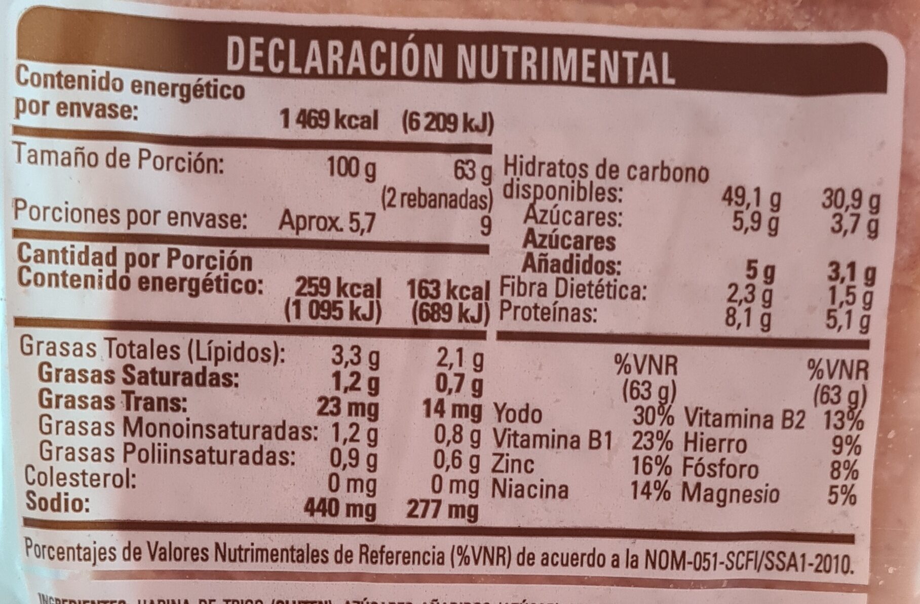 Pan blanco artesenal - Información nutricional