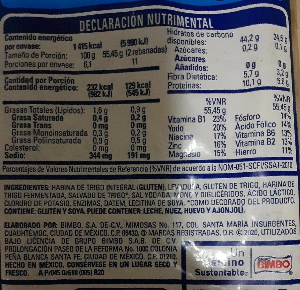 Pan Cero Azucar - Información nutricional
