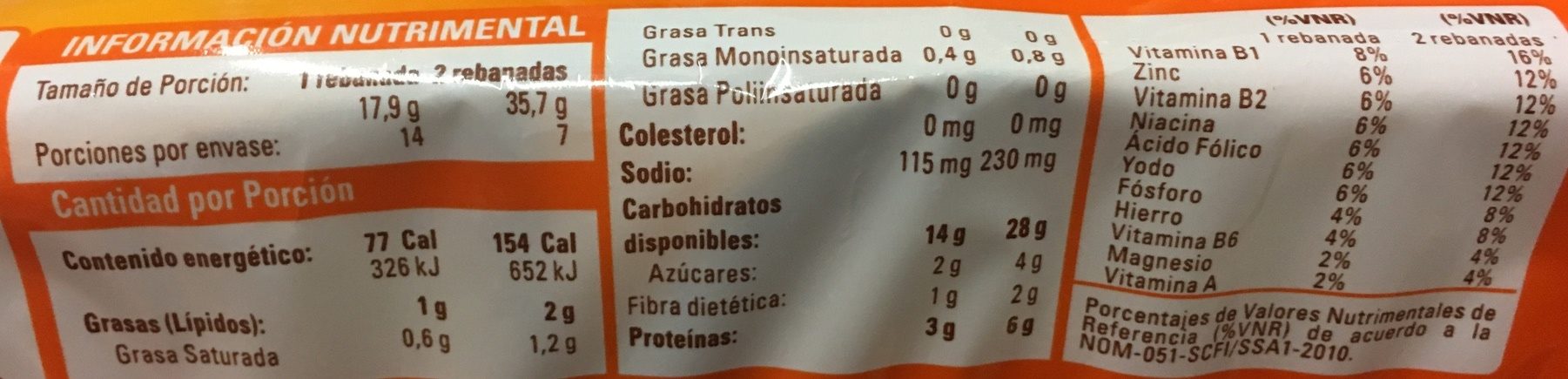 Pan tostado integral - Tableau nutritionnel - es