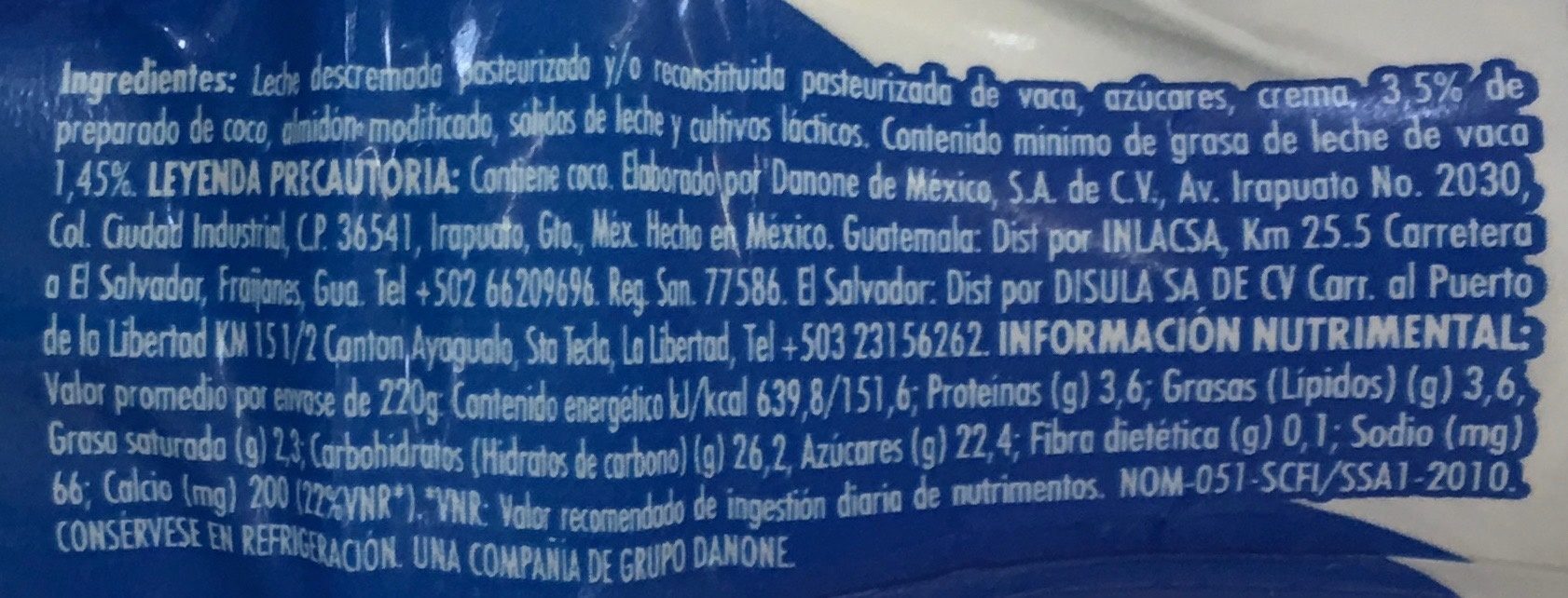 Danone Coco - Información nutricional