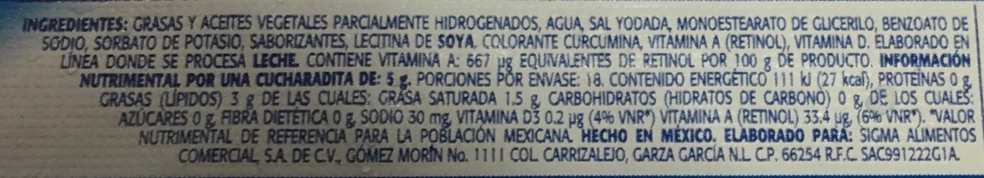 Margarina con sal La Villita - Información nutricional