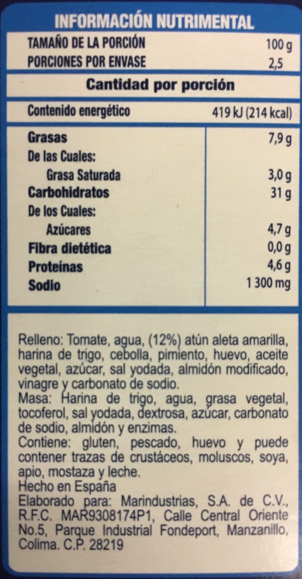 Empanadas de Atún, Tuny, - Información nutricional