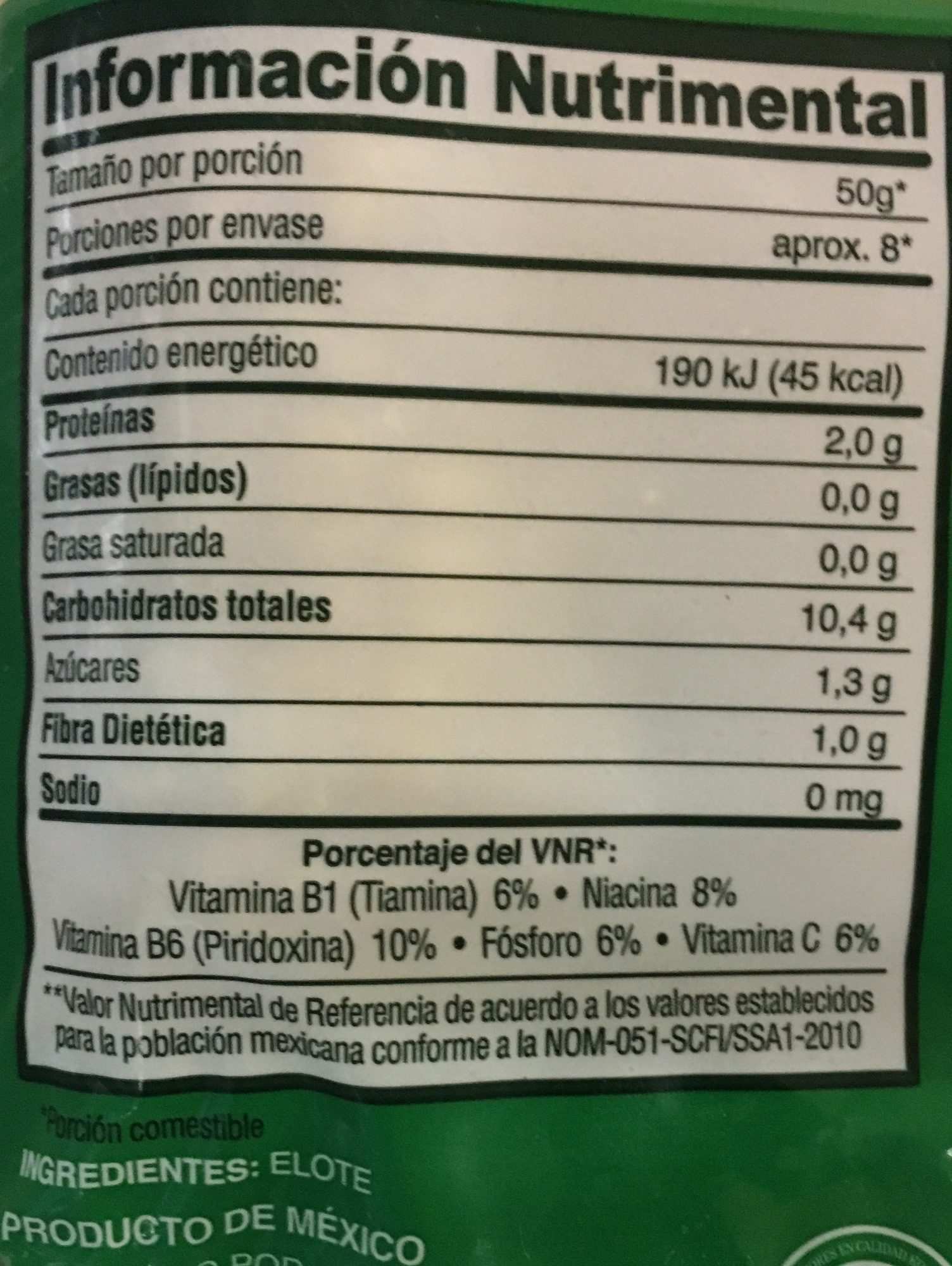 Elote Entero, La Huerta, - Información nutricional