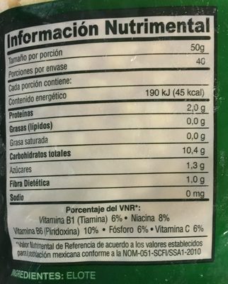 Elote en grano, La Huerta, - Información nutricional