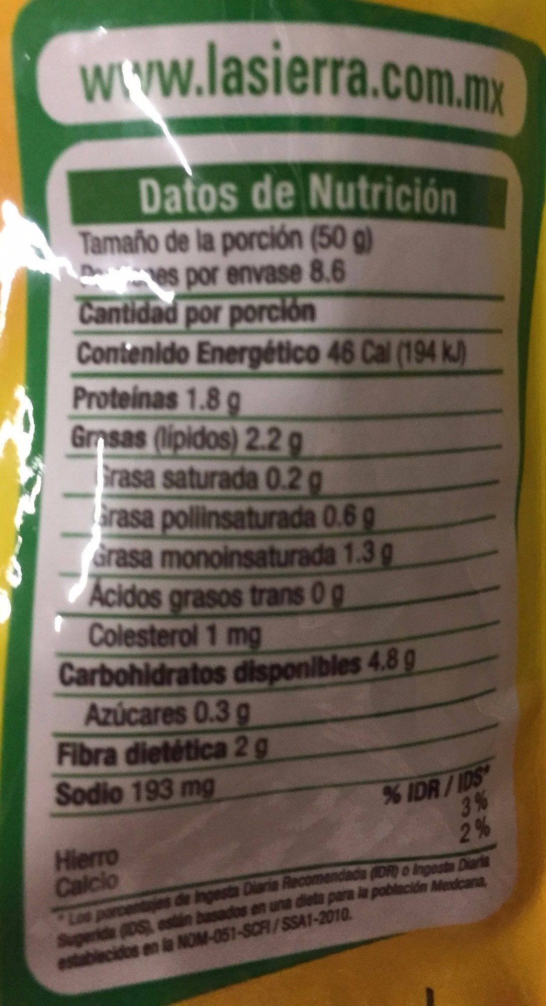 Frijoles Refritos Bayos Bolsa - Información nutricional