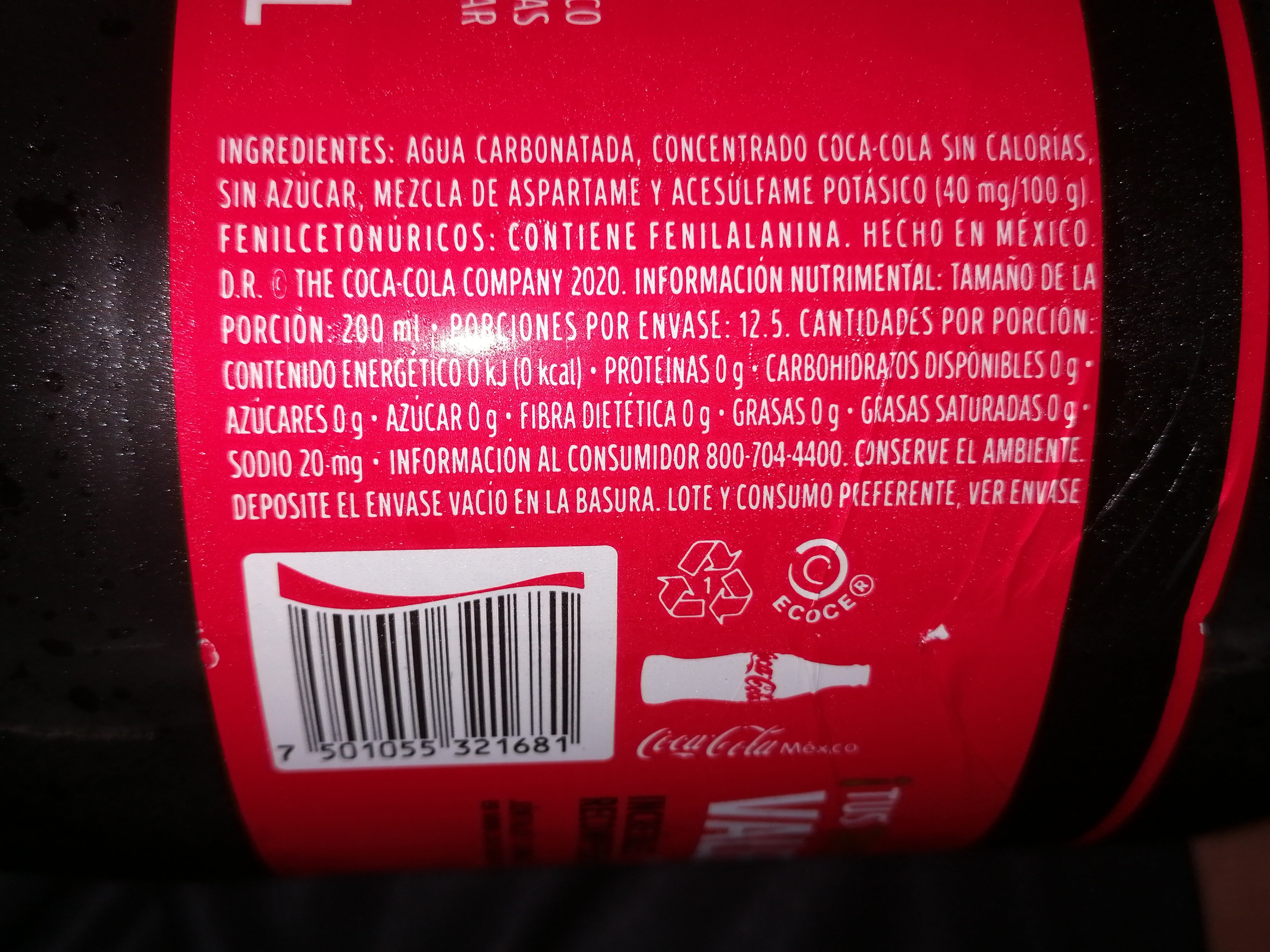 Coca Cola Sin Azúcar - Ingredientes