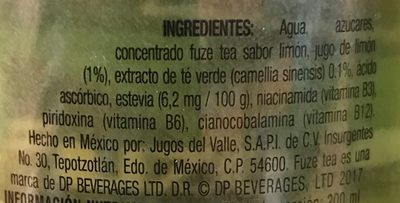 Fuzetea Limón y Té Verde - Información nutricional