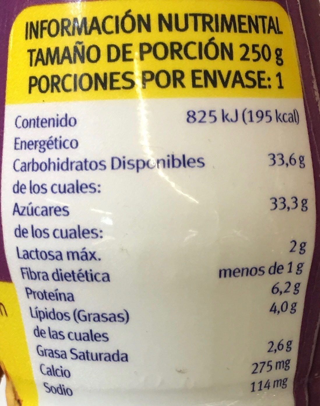Yoghurt deslactosado Piña coco - Información nutricional