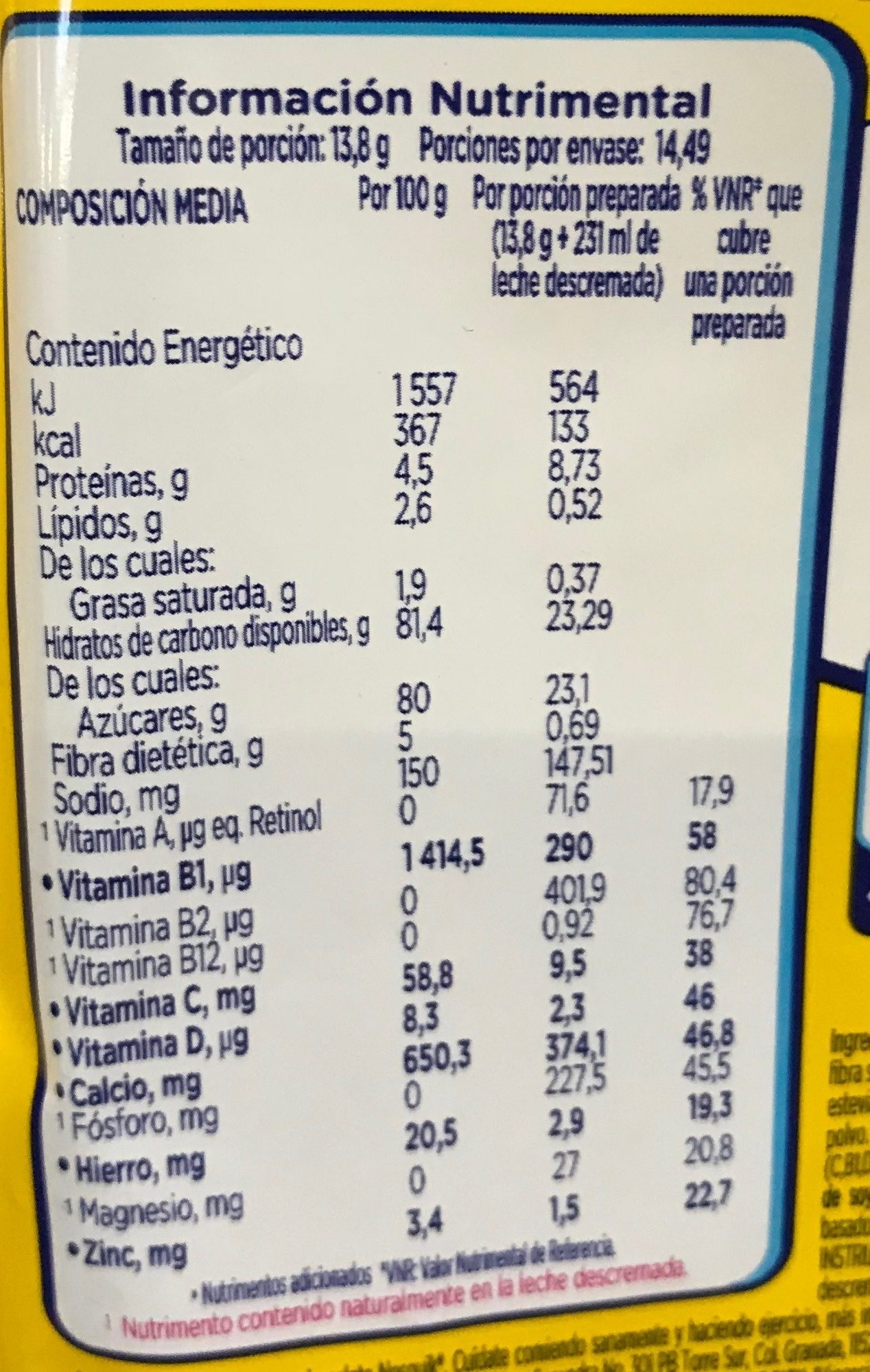 Nesquik - Tableau nutritionnel - es