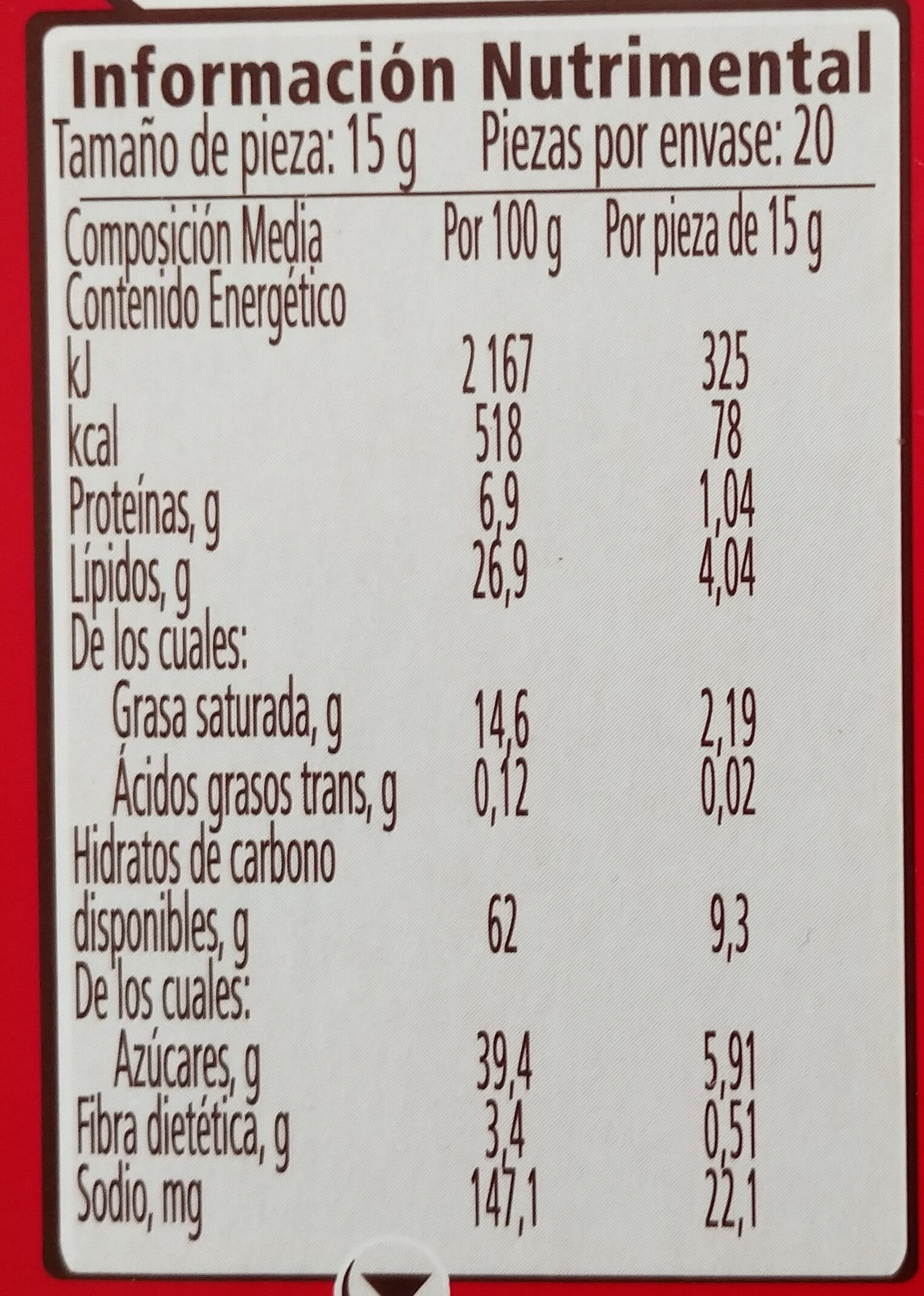 Carlos V - Nutrition facts - es