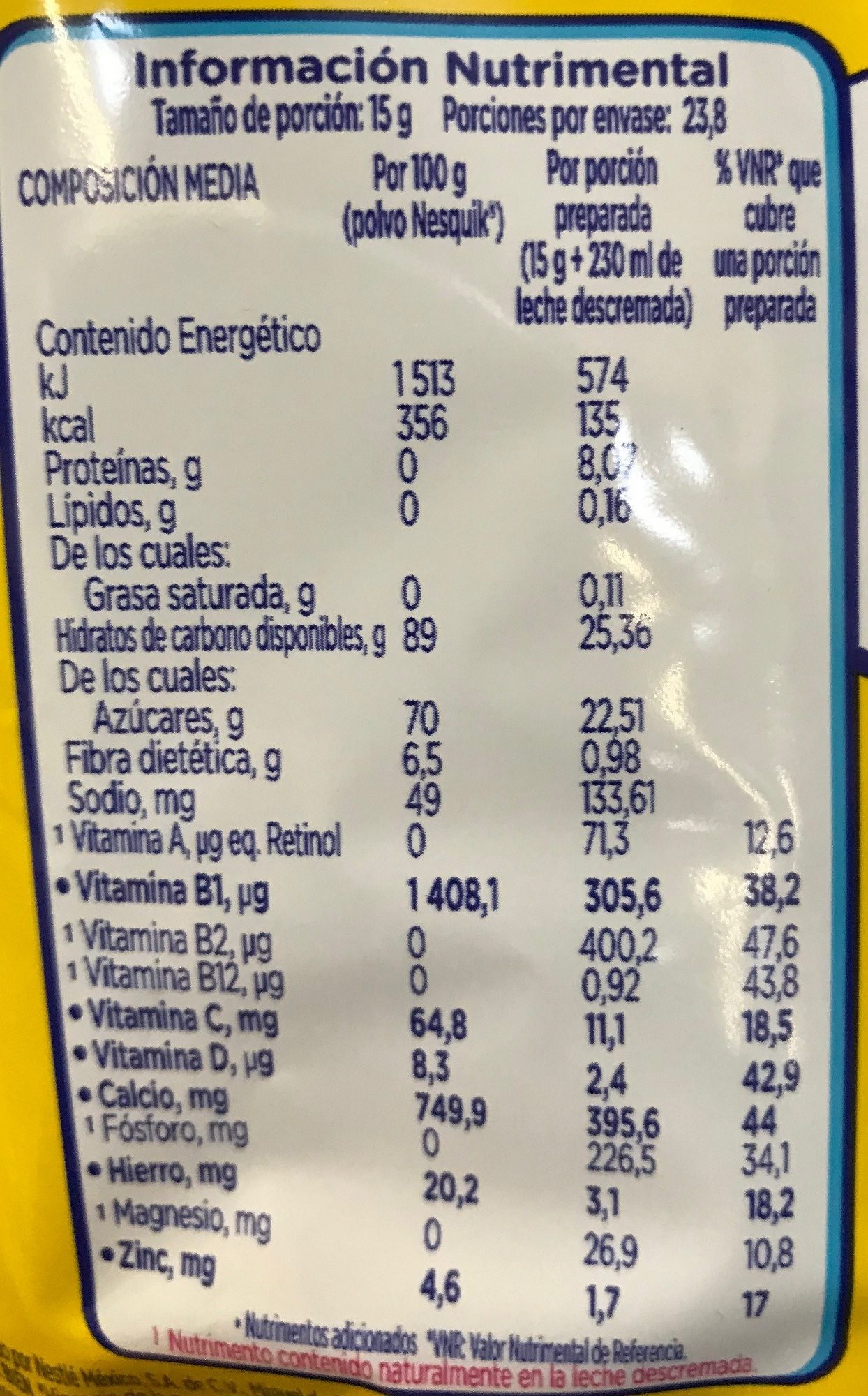 Nesquik sabor a vainilla - Información nutricional