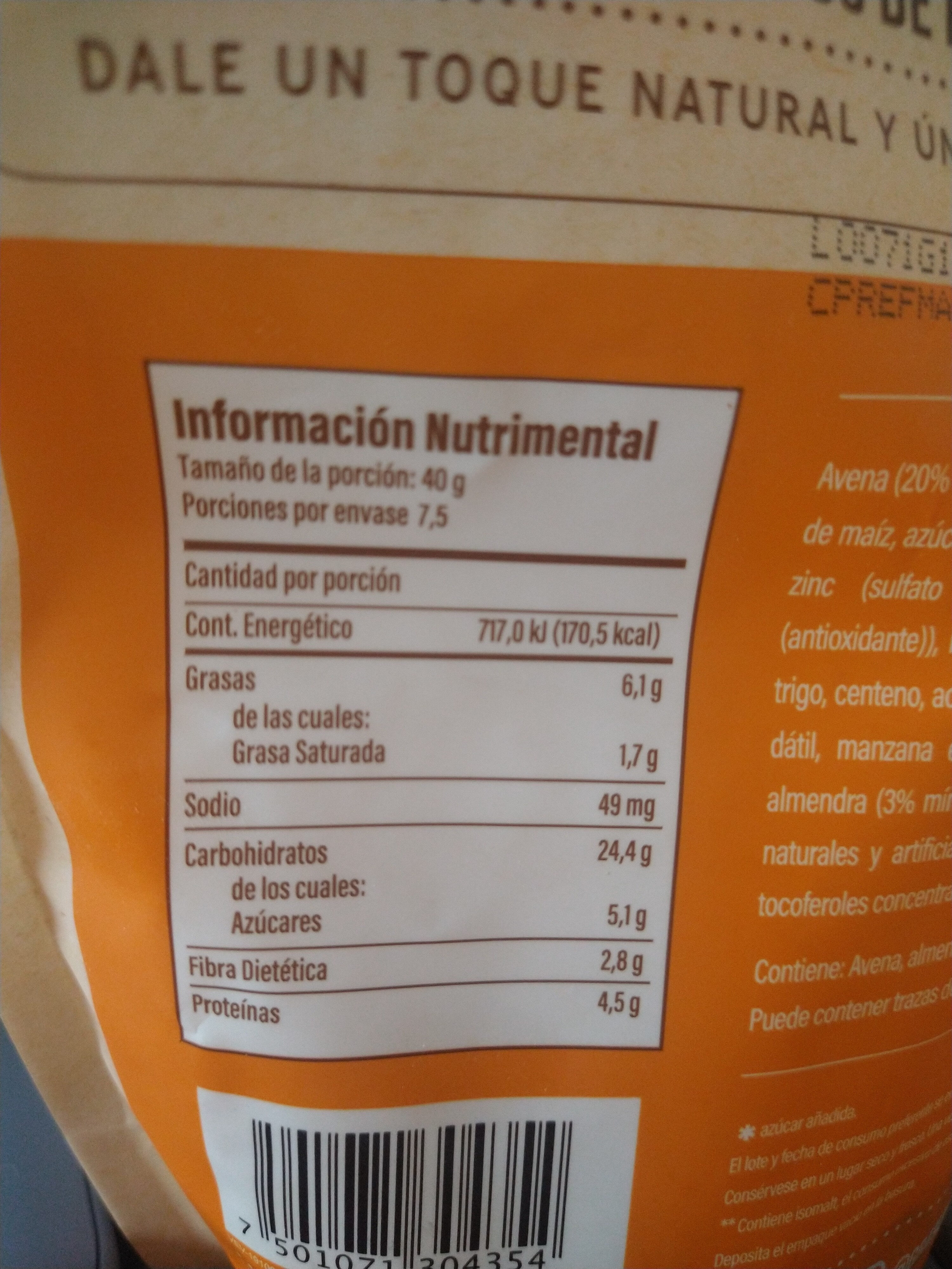 granola almendra y coco tostado - Información nutricional