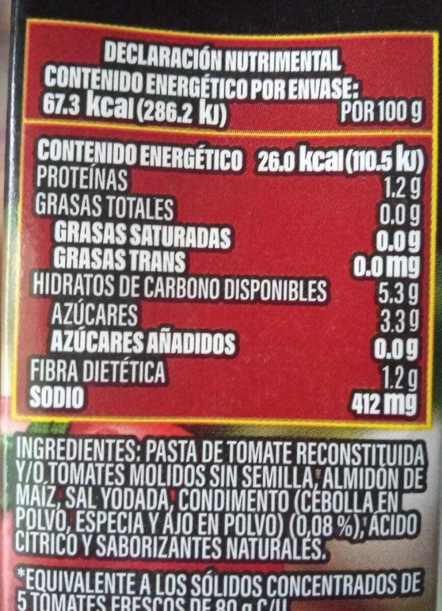 Puré de tomate - Informació nutricional - es