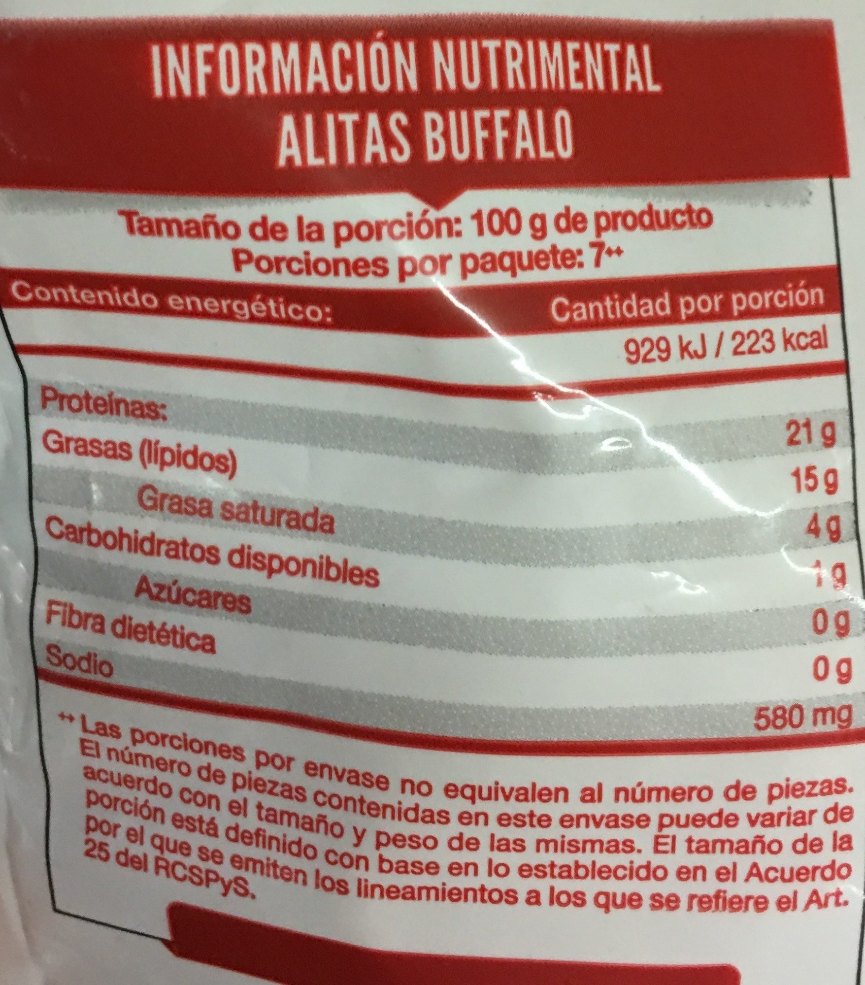 Alitas Bufalo - Información nutricional