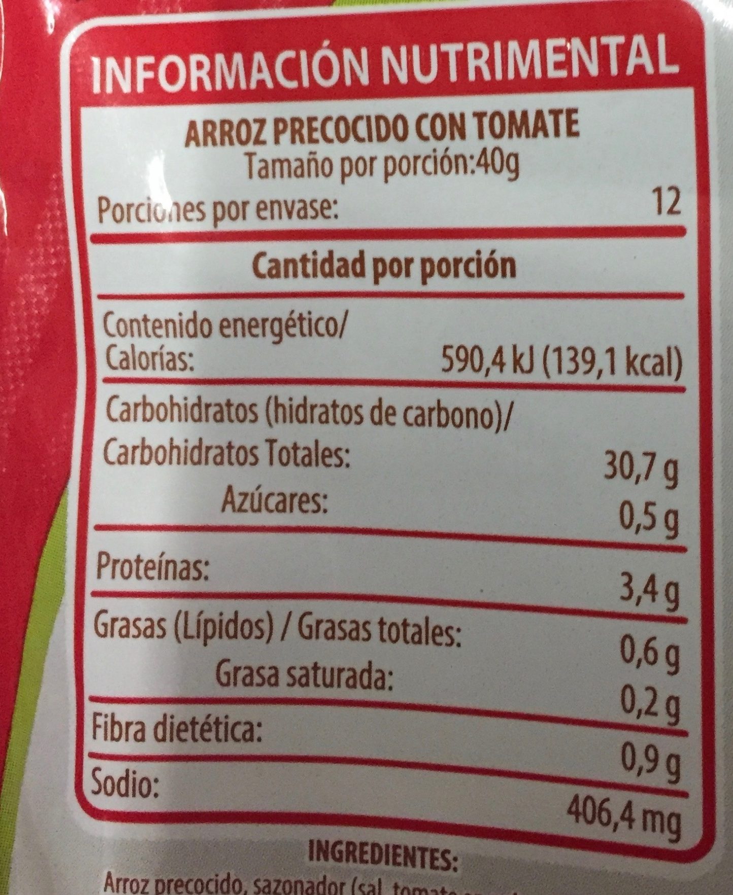 Arroz precocido con tomate Schettino - Tableau nutritionnel - es