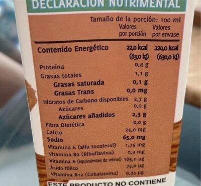 Alimento Liquido Almendra Organico - Información nutricional