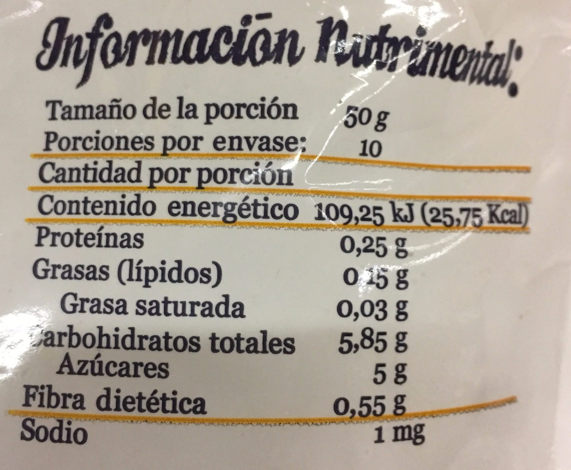 MANGO CONGELADO EN CUBOS - Información nutricional